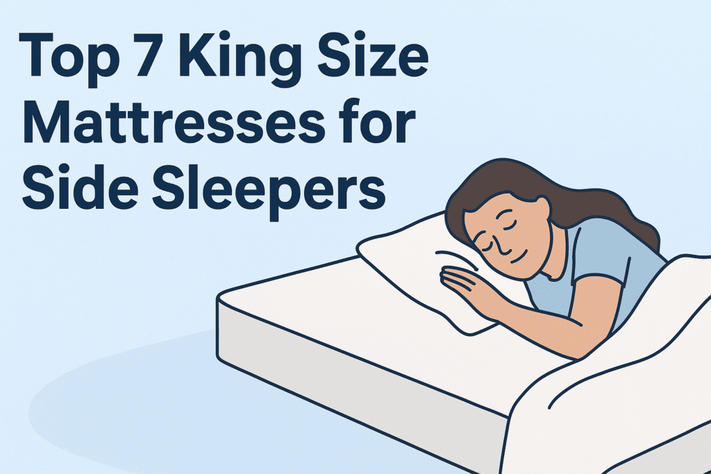 est mattress for side sleepers banner showing a woman sleeping on her side on a king size bed with soft blue background.
Top 7 King Size Mattresses for Side Sleepers
King size mattress for side sleepers – banner design featuring peaceful side sleeping woman on bed, ideal for comfort and support.