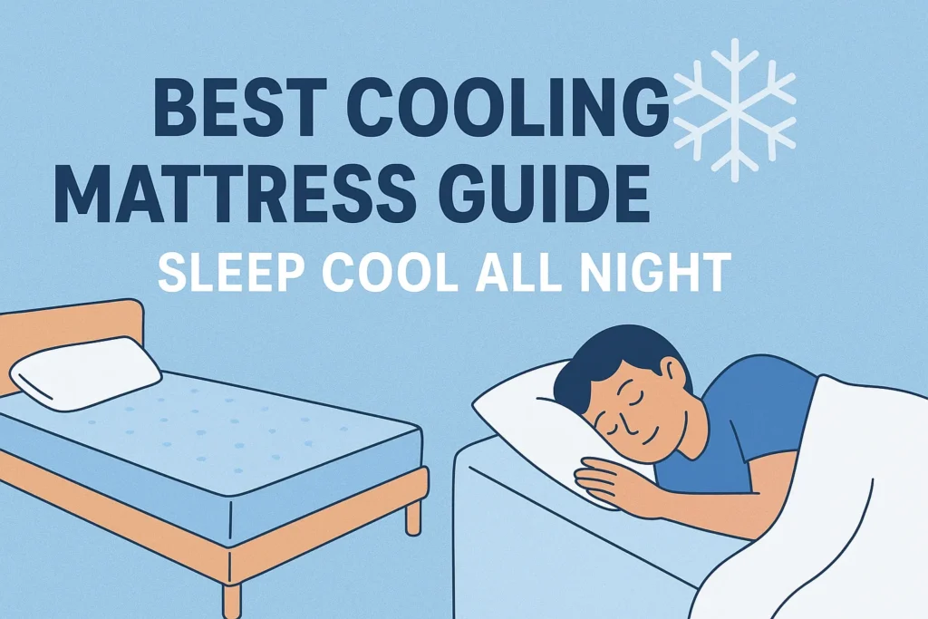 Best Cooling Mattress Guide banner with person sleeping peacefully on a cooling bed
