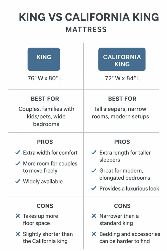 king vs california king mattress size infographic
Two mattress icons side by side with exact dimensions labeled.
Arrows showing width advantage of King and length advantage of California King.
Best for Couples vs Best for Tall Sleepers.