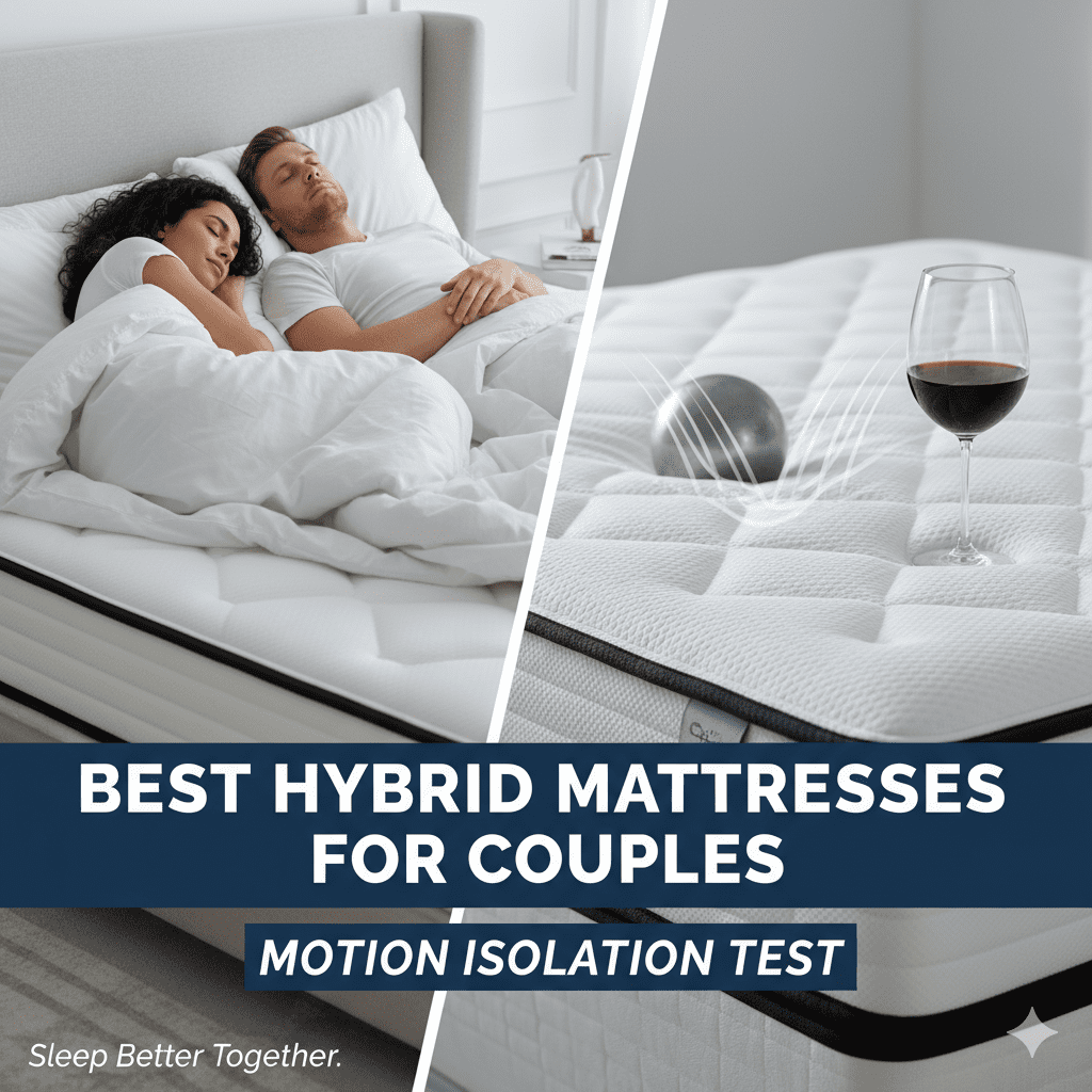 A banner for an article about the best hybrid mattresses for couples, demonstrating motion isolation with a peaceful couple and a test with a steel ball and a glass of wine.