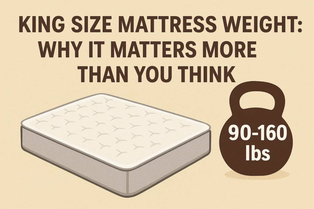 King size mattress weight guide with illustration of mattress and kettlebell showing 90–160 lbs