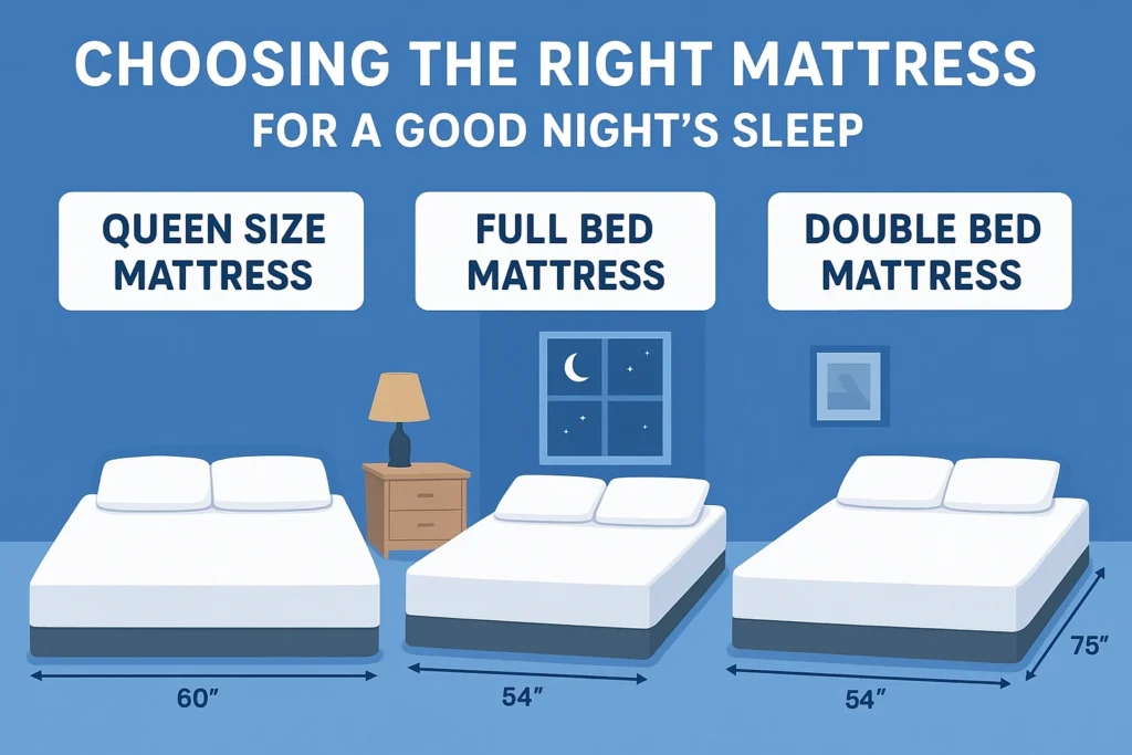 Illustrated comparison banner showing queen size mattress, full bed mattress, and double bed mattress with dimensions, placed in a cozy bedroom setup for mattress buying guide.