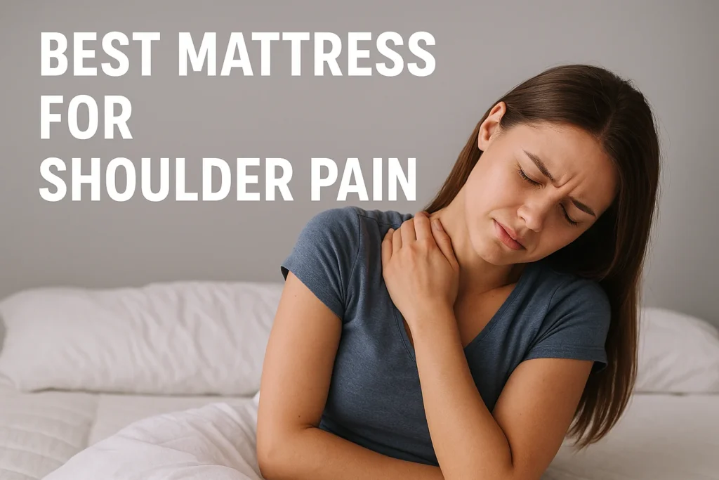 A woman lying on a mattress holding her shoulder in pain, with text saying “Best Mattress for Shoulder Pain,” representing discomfort due to poor mattress support.