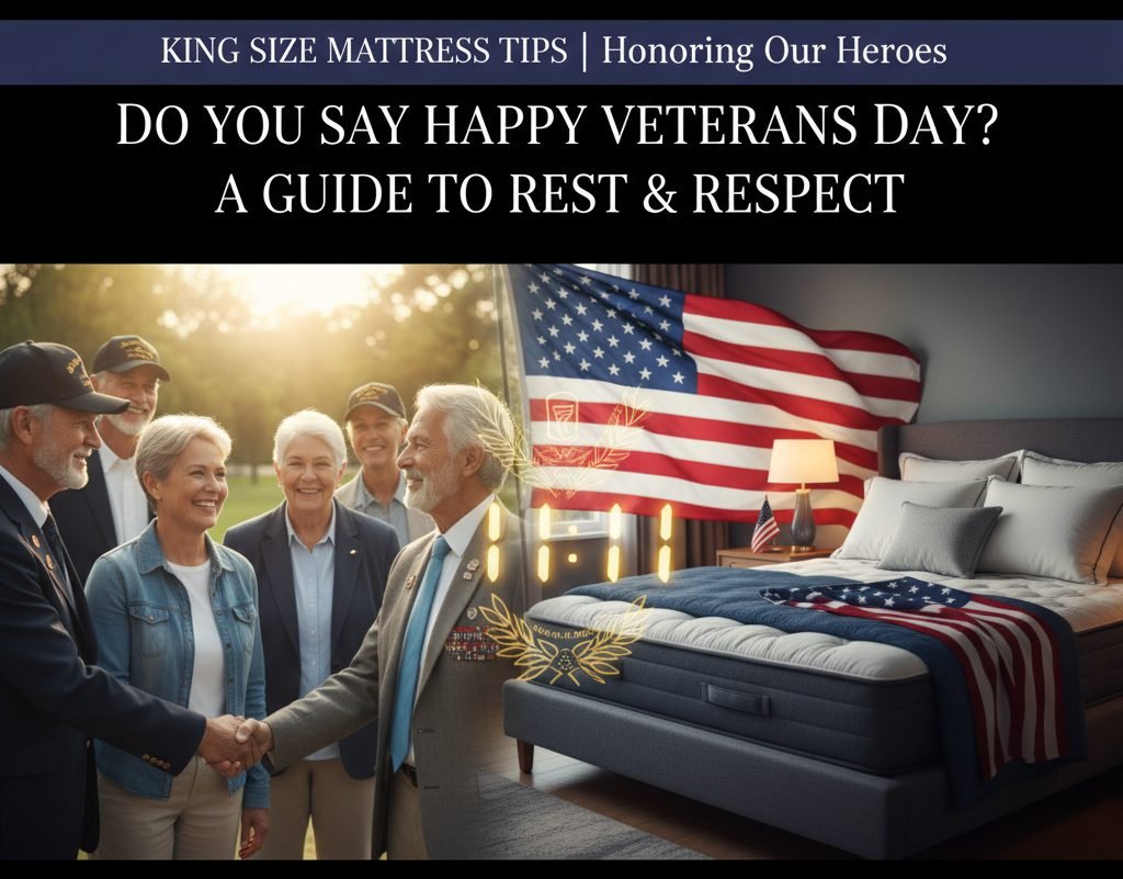 Blog banner for "Do You Say Happy Veterans Day? A Guide to Honoring Our Heroes." The image is a composite featuring a group of smiling veterans shaking hands on the left, and a comfortable king size mattress with patriotic bedding and an American flag on the right, symbolizing respect, service, and earned rest.
