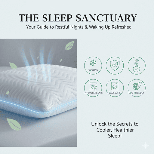 Blog banner for 'The Sleep Sanctuary' featuring a close-up of a cool, textured white bamboo pillow with a blue glow and green leaves. Icons highlight key benefits: cooling, hypoallergenic, spinal support, easy care, and eco-friendly. The main headline is 'Unlock the Secrets to Cooler, Healthier Sleep!