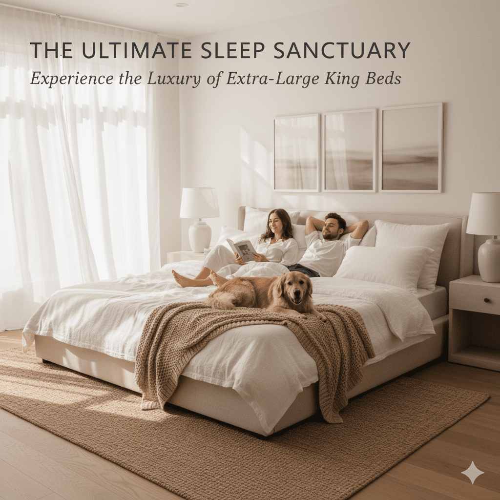 A couple and their golden retriever dog relaxing comfortably on a very large, luxurious king-size bed in a bright, tranquil, sunlit bedroom. Text overlay reads: THE ULTIMATE SLEEP SANCTUARY - Experience the Luxury of Extra-Large King Beds.