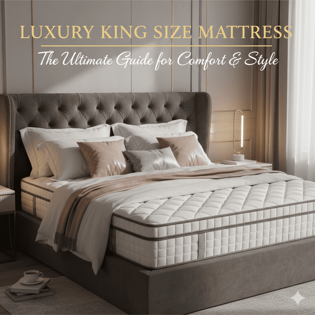 Luxury king size mattress on a stylish grey upholstered bed in a well-lit, modern bedroom, representing ultimate comfort and style.