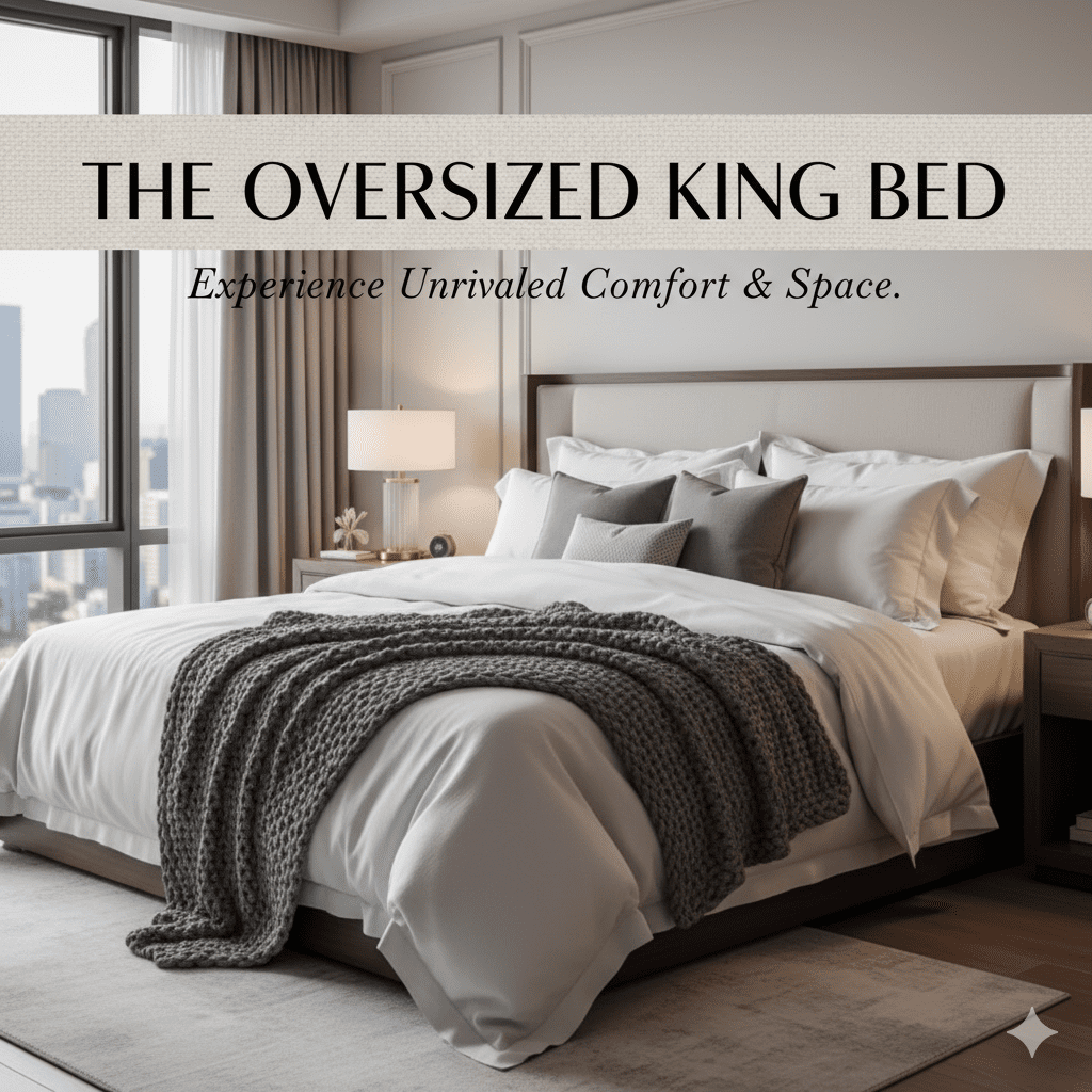 Luxury oversized king size bed banner image. The bed has crisp white linens, gray accent pillows, and is set in a modern high-rise apartment bedroom with a city view.