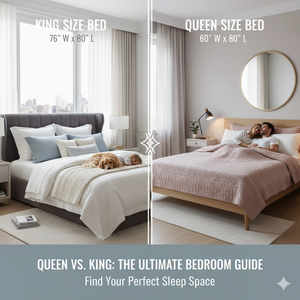 A split image showing two luxurious bedrooms. On the left, a king size bed with a dog sleeping on it, text overlay reads "KING SIZE BED 76" W x 80" L". On the right, a queen size bed with a couple sleeping, text overlay reads "QUEEN SIZE BED 60" W x 80" L". The bottom of the image has text "QUEEN and KING size bed": THE ULTIMATE BEDROOM GUIDE Find Your Perfect Sleep Space." The image compares king and queen size bed options.