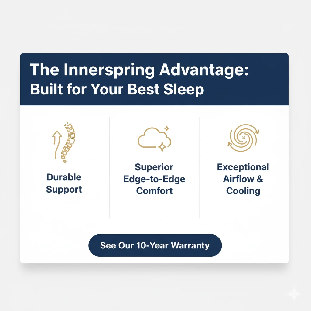 Innerspring Mattress King -Infographic banner listing the Innerspring Advantage: Durable Support, Superior Edge-to-Edge Comfort, and Exceptional Airflow & Cooling.