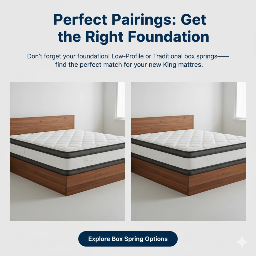 Innerspring Mattress King -Comparison image showing a king mattress paired with a low-profile box spring and a standard box spring, promoting "Perfect Pairings: Get the Right Foundation.