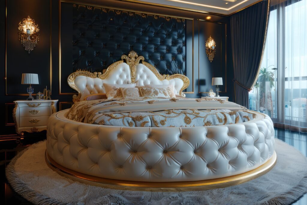 Luxurious oversized king bedding displayed on an elegant round velvet bed in a high-end bedroom with gold accents and tufted headboard, showcasing premium comfort and style.