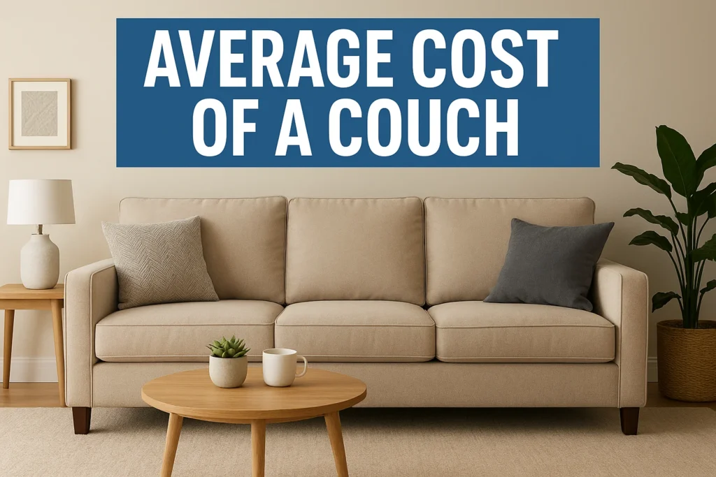 Modern living room with a beige three-seater couch, wooden coffee table, indoor plant, and a blue banner displaying the text ‘Average Cost of a Couch.’”