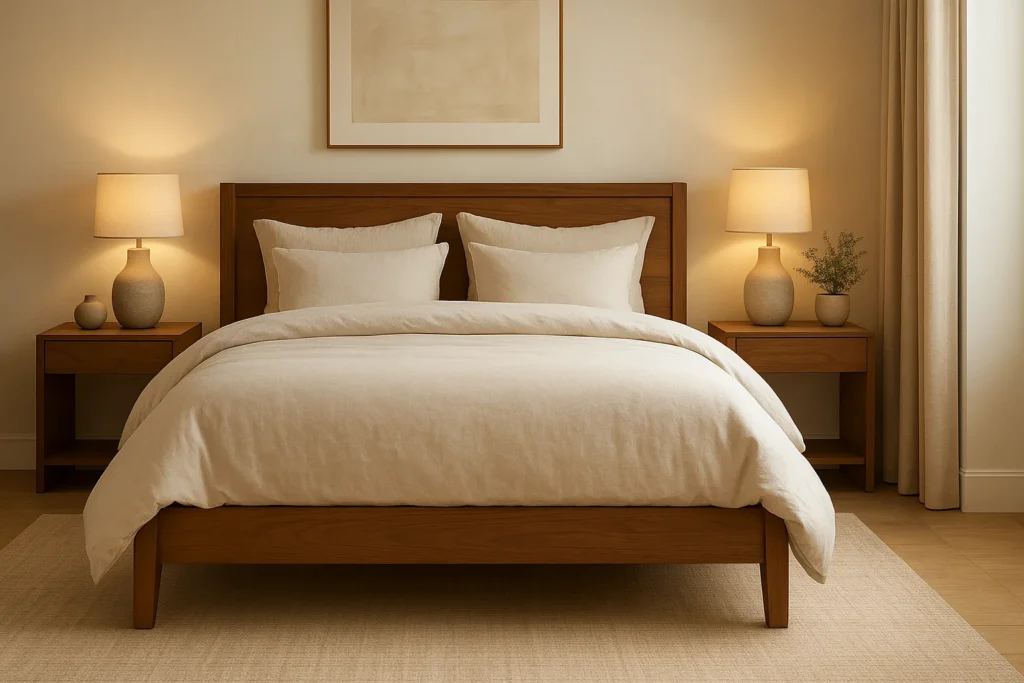 A modern bedroom featuring a luxury Texas King Bed Set with a large wooden frame, premium bedding, and soft ambient lighting.