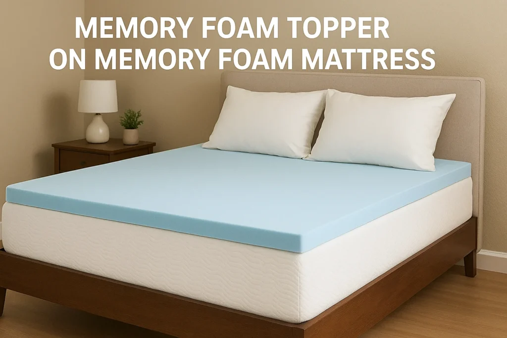 A cozy, modern bedroom with a neatly made bed showing a memory foam topper layer on a memory foam mattress, soft neutral tones, and warm lighting that emphasizes a plush, supportive sleep surface.