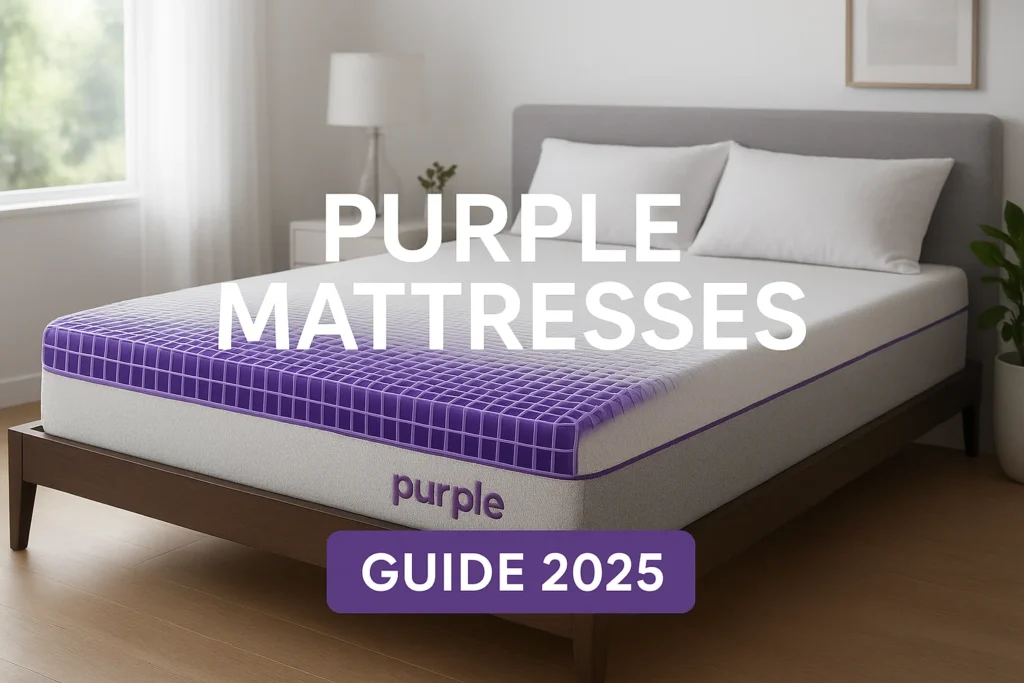 A realistic, high-quality banner showing a Purple mattress on a modern platform bed in a bright bedroom. Focus on the GelFlex® Grid comfort layer, soft lighting, purple color accents, minimalistic decor, breathable airflow visuals, and clean premium aesthetics. 16:9 ratio, ultra-detailed, shot with professional studio lighting.