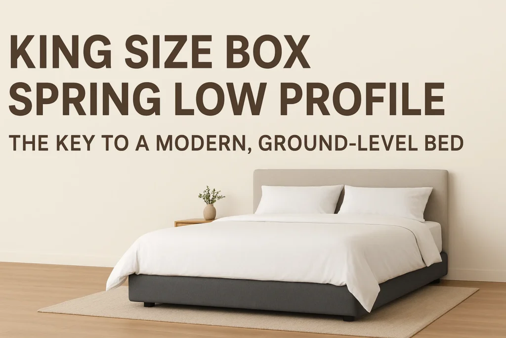 King size low profile box spring bed in a modern minimalist bedroom