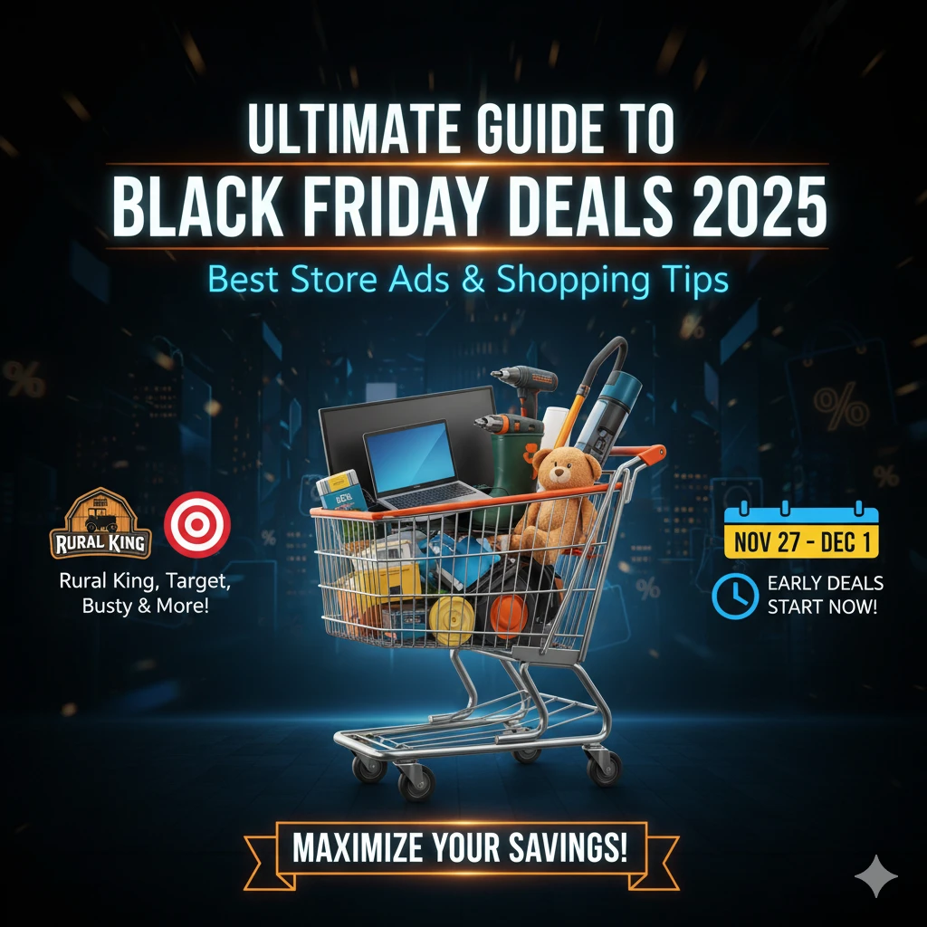 A wide, landscape-oriented banner with a dark, dynamic background featuring subtle digital shopping elements. In the center, a bright orange shopping cart is overflowing with various Black Friday deal items, including a laptop, tools, a teddy bear, and electronics. The prominent text in the center reads: "BLACK FRIDAY DEALS 2025" in large white and blue lettering. Below that, it states: "Best Store Ads & Shopping Tips." The banner also includes logos for Rural King and Target, along with the date range "NOV 27 - DEC 1" and the call to action "MAXIMIZE YOUR SAVINGS!"