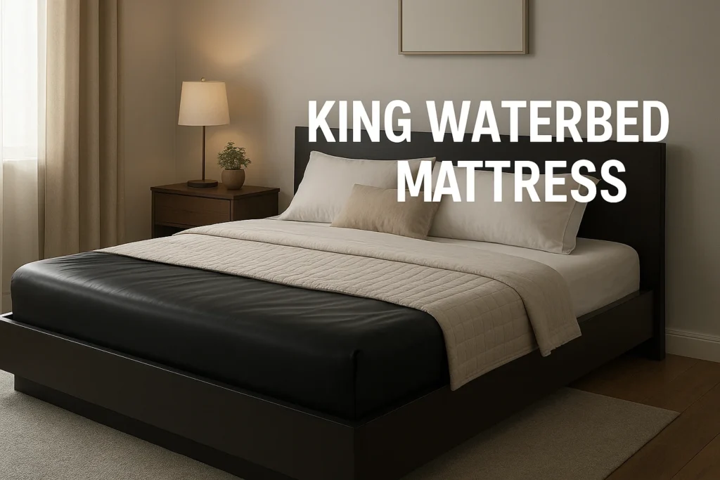 A modern king waterbed mattress setup in a stylish bedroom with soft lighting, showcasing the large sleeping surface and premium waterbed frame.