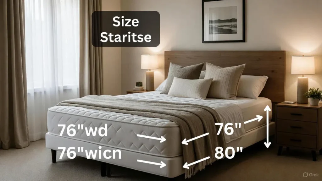 A luxurious standard king bed (76x80 inches) in a spacious, softly lit bedroom with neutral tones. The bed features layered white and beige bedding, multiple pillows, and a thick quilted mattress. Large text overlay reads “Bed Dimssset & Size” at the top, “Gur Size” in the center, and “76x80 Inch” at the bottom, emphasizing the mattress dimensions.