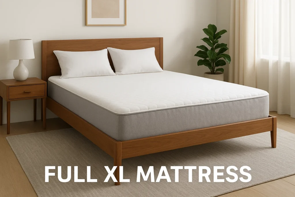 Full XL mattress on a wooden bed frame in a modern minimalist bedroom with soft natural lighting