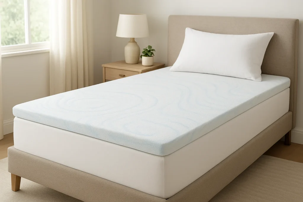 A neatly arranged twin bed with a premium white twin mattress topper placed on top, showing soft contouring and texture. Bright natural lighting through a window, minimalistic bedroom décor with neutral colors, a clean and modern aesthetic. The topper edges are clearly visible and slightly lifted to show thickness (3-inch memory foam style). Add subtle cooling gel swirl texture effect on the surface. High-resolution, professional bedding photography style.